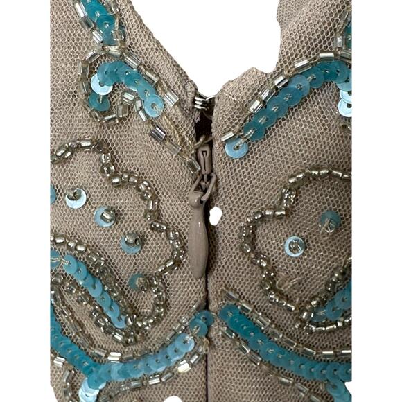 Aidan Matton Sheer Illusion Teal Sequin Gold Beaded Sleeveless Dress Womens Sz 2 - Picture 8 of 13